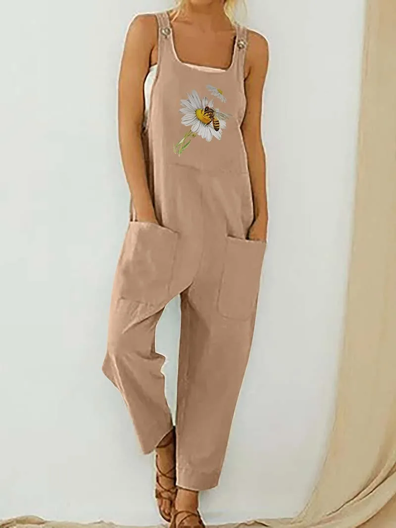 Womens Dungarees Print Rompers 2021 Summer New Ladies Casual Loose Linen Cotton Jumpsuit Sleeveless Pocket Overalls Playsuit