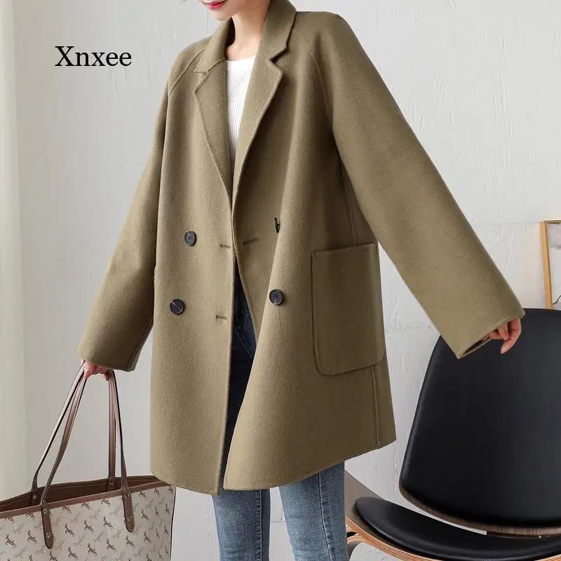

Double-Sided Coat Female Minimalism Fashion Double-Breasted Mid-Length Lapel Comfortable Cashmere Blend Loose Pocket Jacket