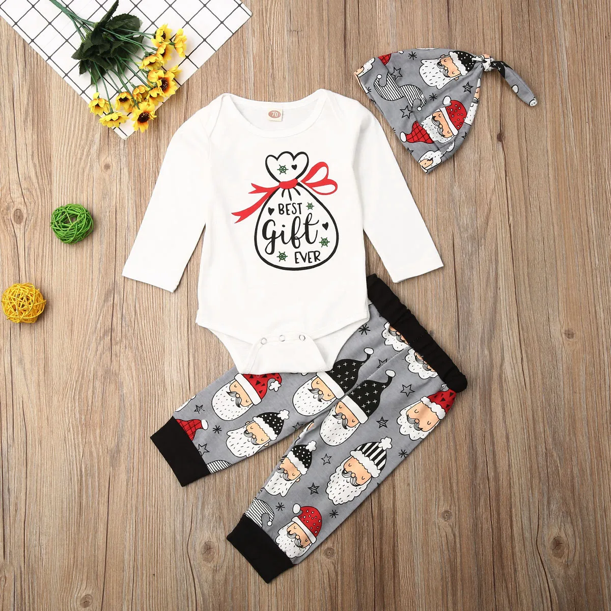 Комплект из 3 предметов; Одежда для новорожденных мальчиков; комбинезон с надписью «My First Christmas»+ штаны; повязка на голову