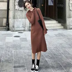 Ins Polular 2019 новое осенне-зимнее платье-свитер на молнии с капюшоном женское винтажное длинное ребристый трикотажный платье миди с разрезом