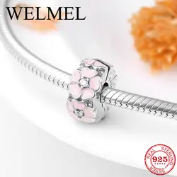 Новый 925 стерлингового серебра Модный розовый эмалированный цветок застежка-клипса CZ Бусины Подходят оригинальный Pandora Шарм браслет