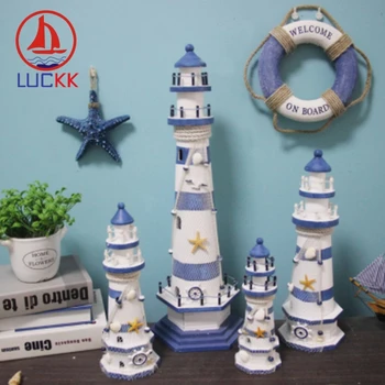 

LUCKK Mediterranean Style Stripe Lighthouse Wooden Model Handicraft Home Decorations Creative Marine Arts And Crafts Ornaments