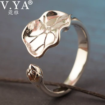 

V.YA 925 Sterling Silver Lotus leaf Ring Adjustable Finger Rings for Women Wedding Elegant Lady Fashion Jewelery
