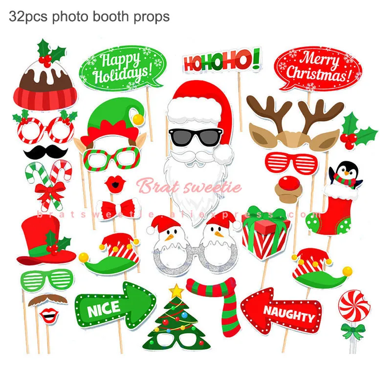 32pc xmas props Золотой блестящий переливающийся фон для фотосъемки звездное небо Свадьба год Рождественская вечеринка украшения Xmas Photo Booth Реквизит - Цвет: 32pc xmas props