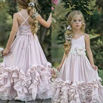 

Pink Boho Flower Girl Dresses For Wedding Lace Appliqued V Neck Toddler Pageant Gowns Chiffon Kids Prom Dress