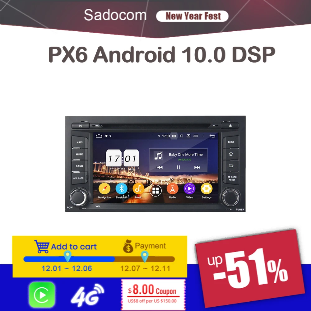 Автомобильный DVD плеер DSP PX6 HD Android 10 0 4 Гб ОЗУ 8 ядер 64 ПЗУ GPS RDS Авторадио Bluetooth 5 для VW
