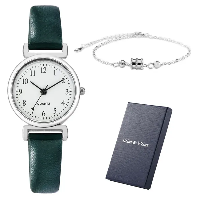 Business Women Quartz Watch Noble Brown Leather Strap Watch Silver Bracelet Ladies Christmas Gifts Set with Box for Mother Gift Set C