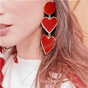 AOMU Vintage Lovely Exaggeration Red Heart Pendant Earring S925 Sterling Silver Pin Drop Dangle Earring For Women Jewelry Set