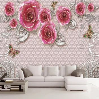 

Custom Self-Adhesive Wallpaper 3D Romantic Rose Jewelry Flowers Photo Wall Mural Living Room TV Sofa Luxury Home Decor Stickers