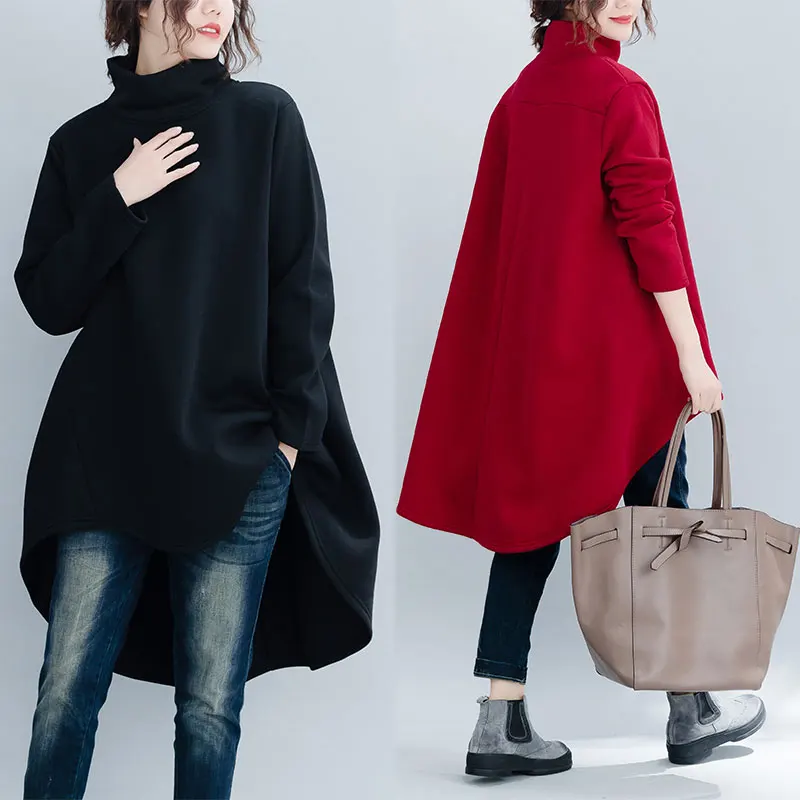 

BIG SIZE Fall Winter Women Fashion Elegant Turtleneck Tops Lady Female Plus Large Short Front Long Back Loose Fleece Sweatshirt