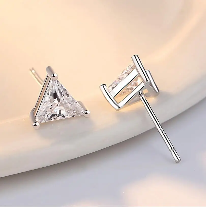 925 Sterling Silver Fine Jewelry AAA+ Zirconia geometry Triangle Stud Earrings For Women brincos de prata S-E210