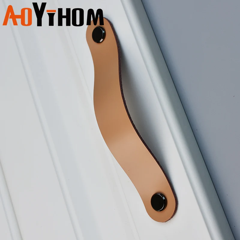 AOYIHOM Retro Style Khaki Kitchen Furniture Handle American Leather Drawer Dressing Table Knob Shoe Cupboards Wardrobe Door Pull furniture handles kitchen door handles
