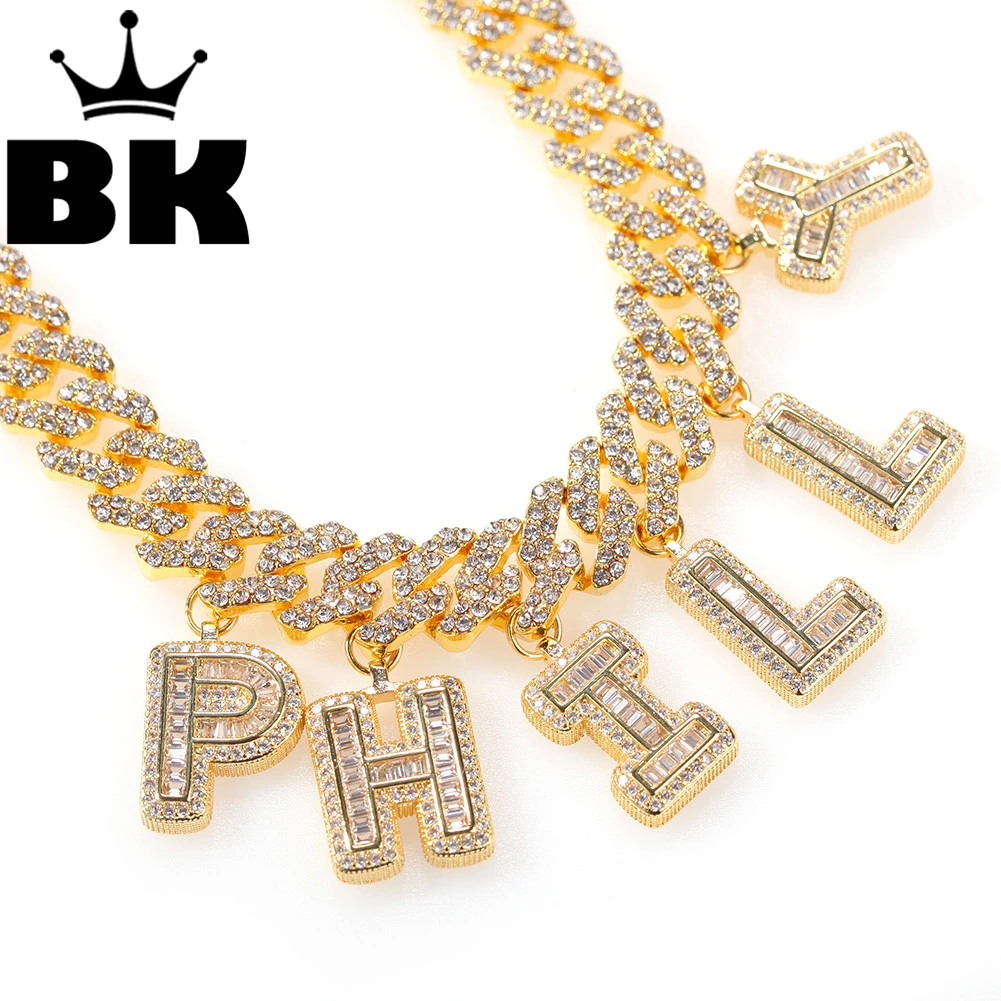 Necklace Cuban Silver-Plated Rhinestone Gold Bagnette Link CZ 12mm Miami Micro-Paved