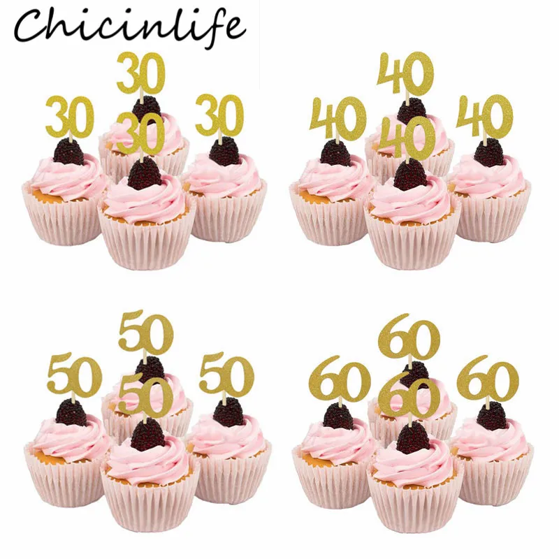 Chicinlife 10 шт. 30 40 50 60 лет топперы для кексов день рождения юбилей взрослые 30th