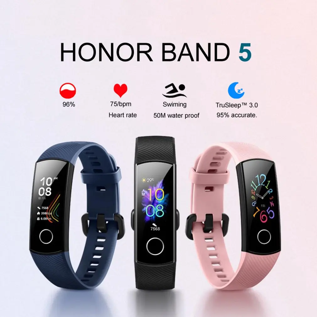 huawei Honor Band 5 Смарт-браслет, Оксиметр, волшебный цветной сенсорный экран, плавающий ход, обнаружение пульса, сна