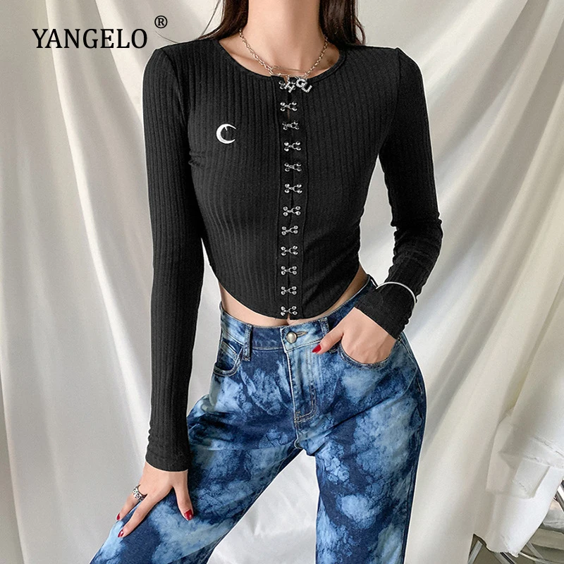 

Yangelo Women's Sweater Solid Color Moon Pattern Embroidered Cardigan Long Sleeve Single Button Autunm Winter Short Tops Sexy