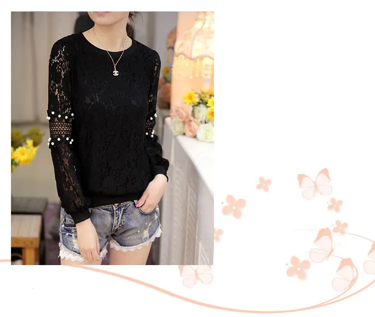 Весна Blusa бисером кружева Топы Блузка с кружевом Harajuku выдалбливают длинный рукав шифон женская рубашка одежда RQ422
