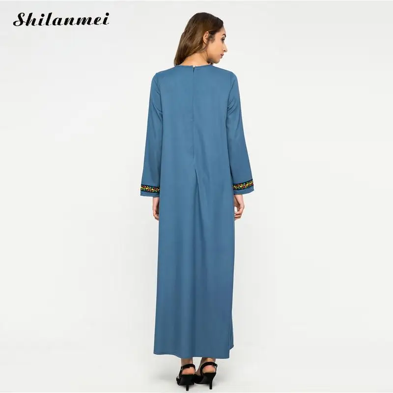 Вышитое Платье макси с длинным рукавом синее винтажное платье Vestido осеннее хлопковое длинное платье Элегантное цветочное женское мусульманское платье
