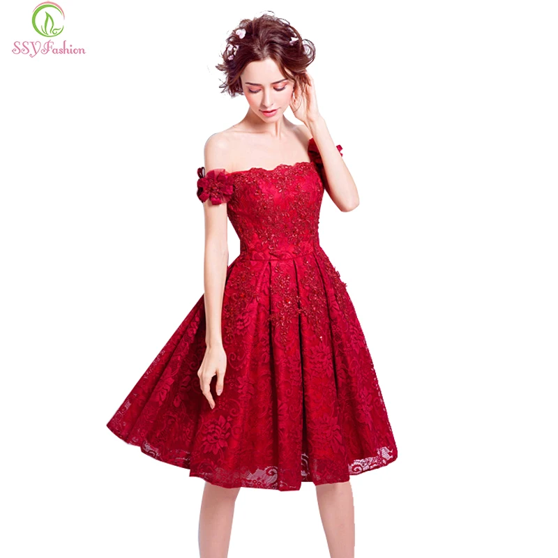 Женское коктейльное платье SSYFashion Красное Кружевное Платье До Колена с коротким