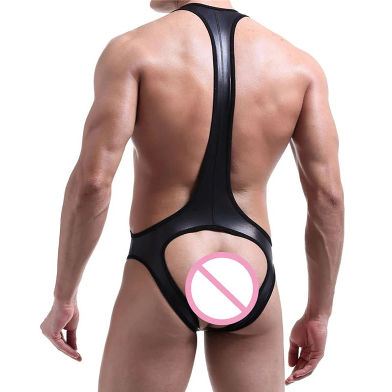 Mens Bodysuit Jock Strap PU Leather Open Back Lingerie Latex Catsuit One Piece Sexy Gay Jumpsuits Wrestling Singlets Undershirts men underwear men undershirt men wrestling singlet