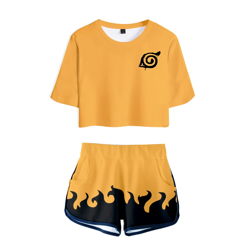 

Japanese Trendy New Naruto 3D Digital Print Sets Anime Cosplay Costume Cropped Top and Shorts Naruto Outfit for Adult