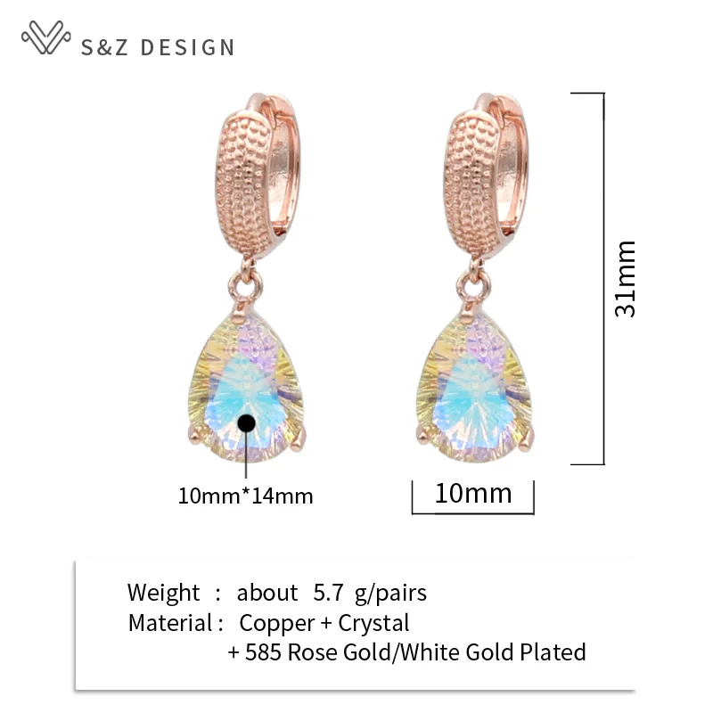 S&Z DESIGN New Fashion Water Drop Crystal Dangle Earrings For Women 585 Rose Gold Color Girl Wedding Party Jewelry