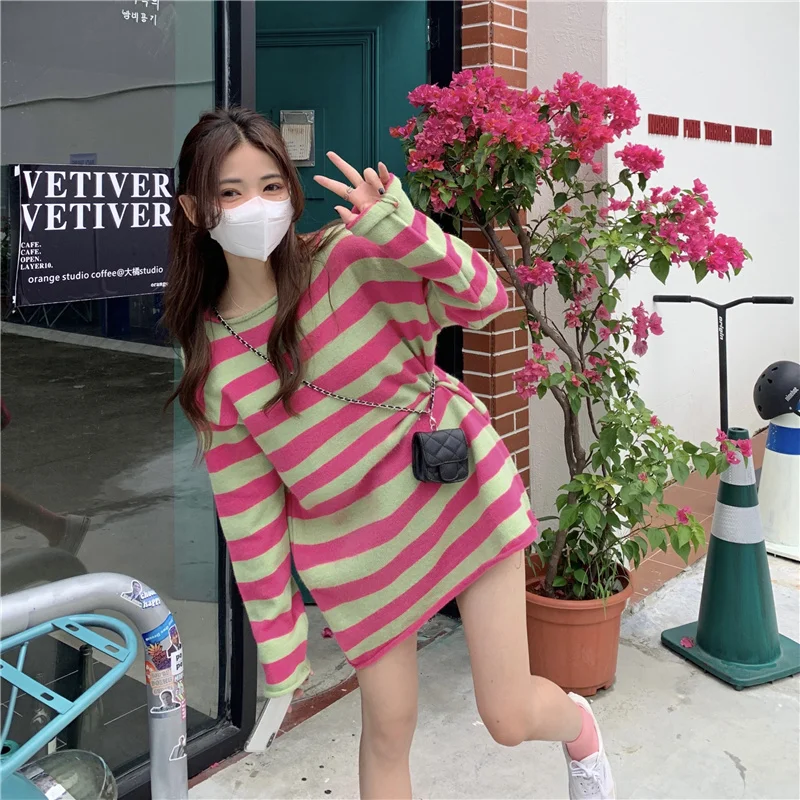 

Spring Autumn New Student Striped Thin Long Sleeve Loose All-match Sweater
