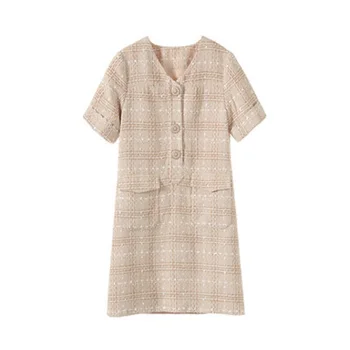 

2020 Women Double Pocket V-neck Short Sleeve Thick Stitching Plaid Apricot Dress Fashion Elegant Simmer Party Mini Dresses