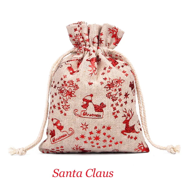 50 Pcs/lot New Year Best Gift 10*14cm, 13*18cm Christmas Santa Deer Star Linen Fabric Cloth Cotton Bag Drawstring Cotton Pouch
