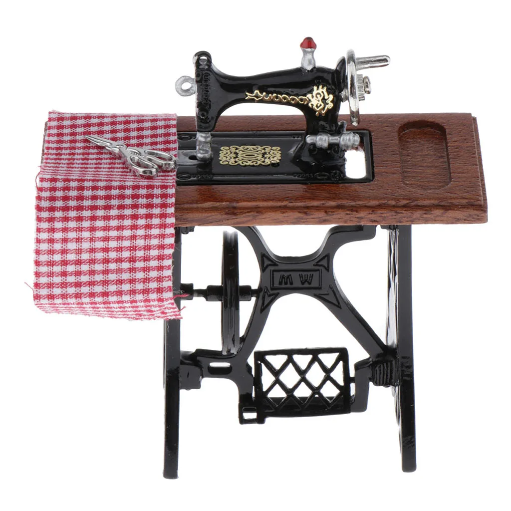 Dollhouse Miniature Sewing Table with Machine Fabric Thread Accessories G7327 
