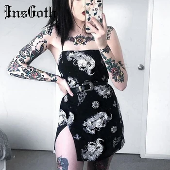 

InsGoth Dragon Print Vintage Dress Gothic Harajuku Sexy Slim Tight Mini Women Dress Summer Streetwear Sleeveless Short Dress