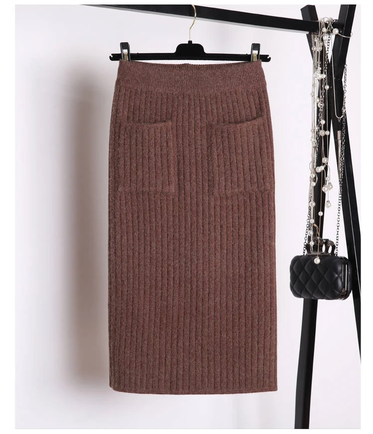 New Women's Cotton Knitting Skirts Elastic Stretch Bodycon Sexy Tight Pencil Skirt Knitted Skirts Female Autumn Winter Skirts - Цвет: Coffee