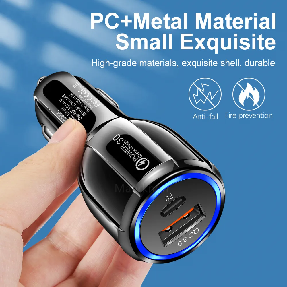 Acgicea Dual USB Car Charger 30W LED PD QC 3.0 Fast Phone Charge Adapter For iPhone 13 X iPad Samsung Xiaomi Huawei Car-Charger