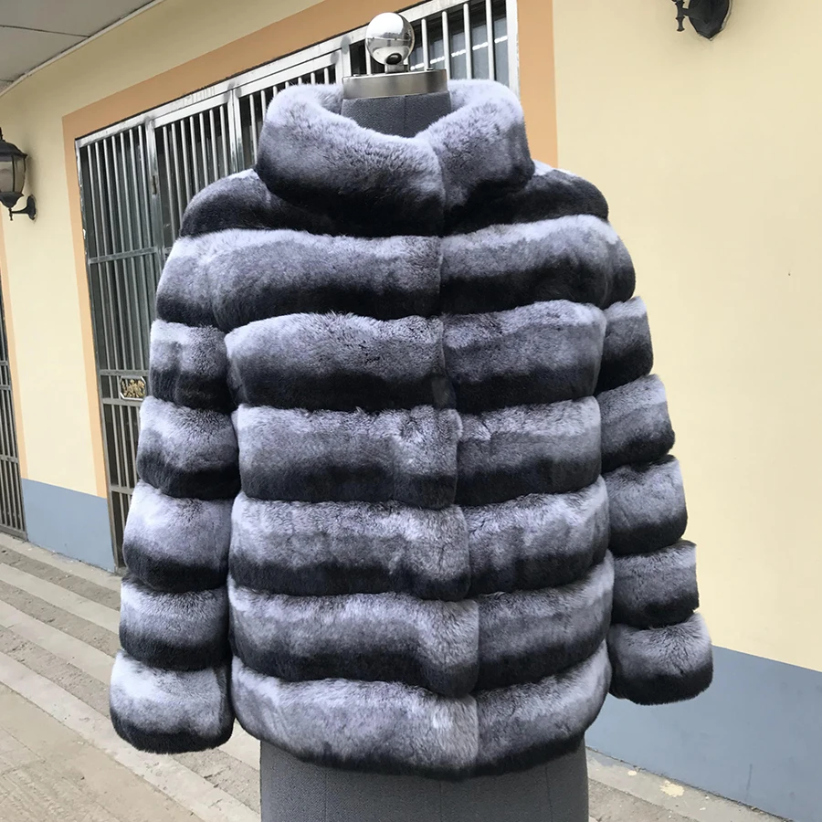 Rex Rabbit Fur Jacket Women Winter Fur Coat Fashion Warm Stand Collar