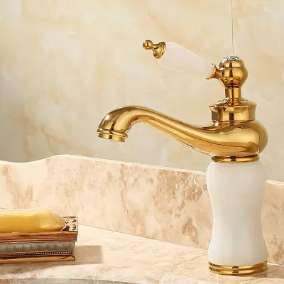 Style 3 Смесители для раковины для ванной комнаты из латуни и нефрита, смеситель для раковины, краны для горячей и холодной воды, с одной ручкой, на бортике, с золотой отделкой - Цвет: Style 3