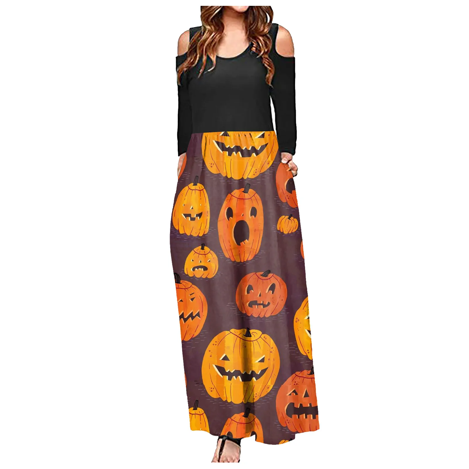 Women'sFashion Off Shoulder Halloween Print Long Sleeves Floor-Length Long Dress Plus Size Ladies Vintage robe Autumn Vestido 1