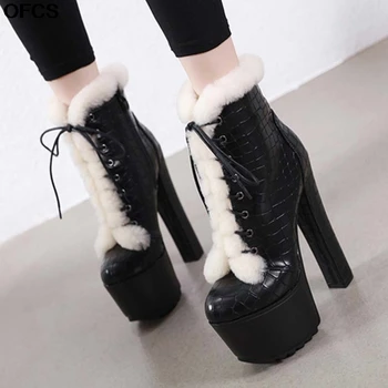 

High Heel Winter Boots Women Sexy Thick Heel Boots Ladies Platform Boots Faux Fur Motorcycle Boots Lacing Round Toe botas Shoes