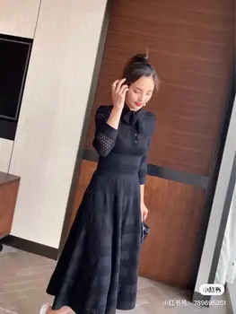 

2020 autumn winter New Fashion Design Women bow collar 3/4 Sleeve Dress knit Black empire midi Runway Dress Vestido