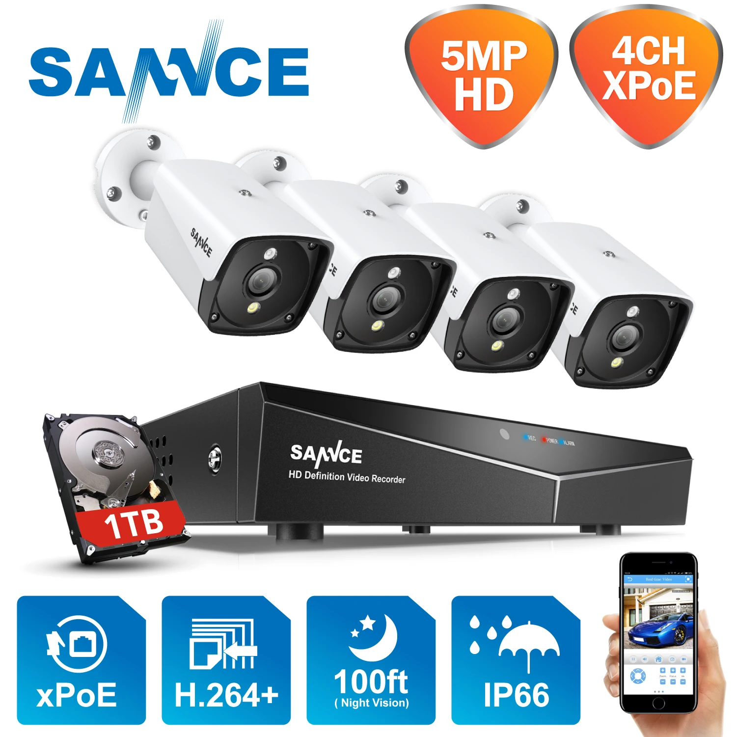 SANNCE H.264+ 4CH 5MP POE Security Camera System Kit 4PCS 5MP HD IP Camera Outdoor Waterproof CCTV