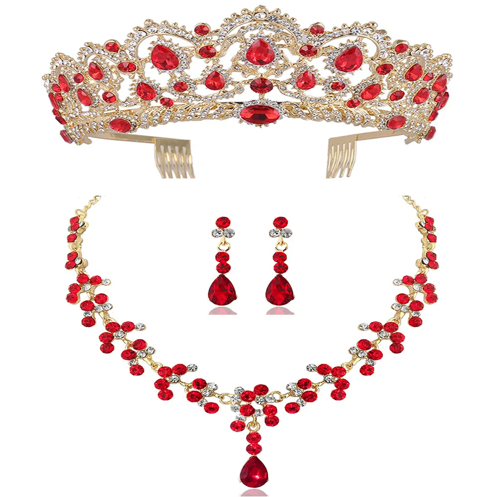 3Pcs Red Set Барокко Винтаж золото красный зеленый синий кристалл свадебные ювелирные наборы колье ожерелье серьги корона тиара Африканский бисер ювелирные наборы - Окраска металла: 3Pcs Red Set