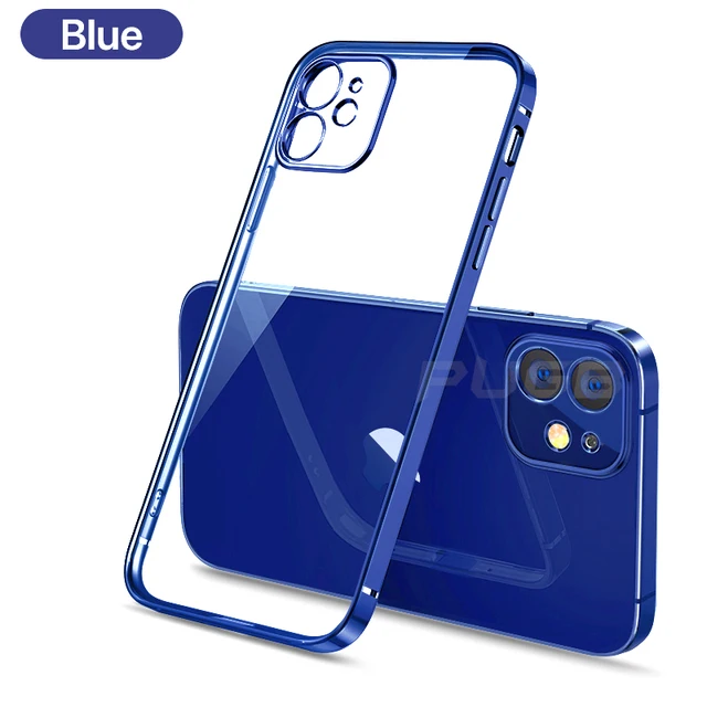 Luxury Transparent Square Frame Plating Case for iPhone 13 12 11 Pro Max Mini iPhone X Xs Xr 7 8 Plus SE 2020 Soft Clear Cover Blue