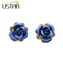 Модный красная роза серьги-гвоздики циркониевые Кристаллы Синий Цветок золотой цвет USTAR серьги для женщин Свадебные вечерние ювелирные изделия
