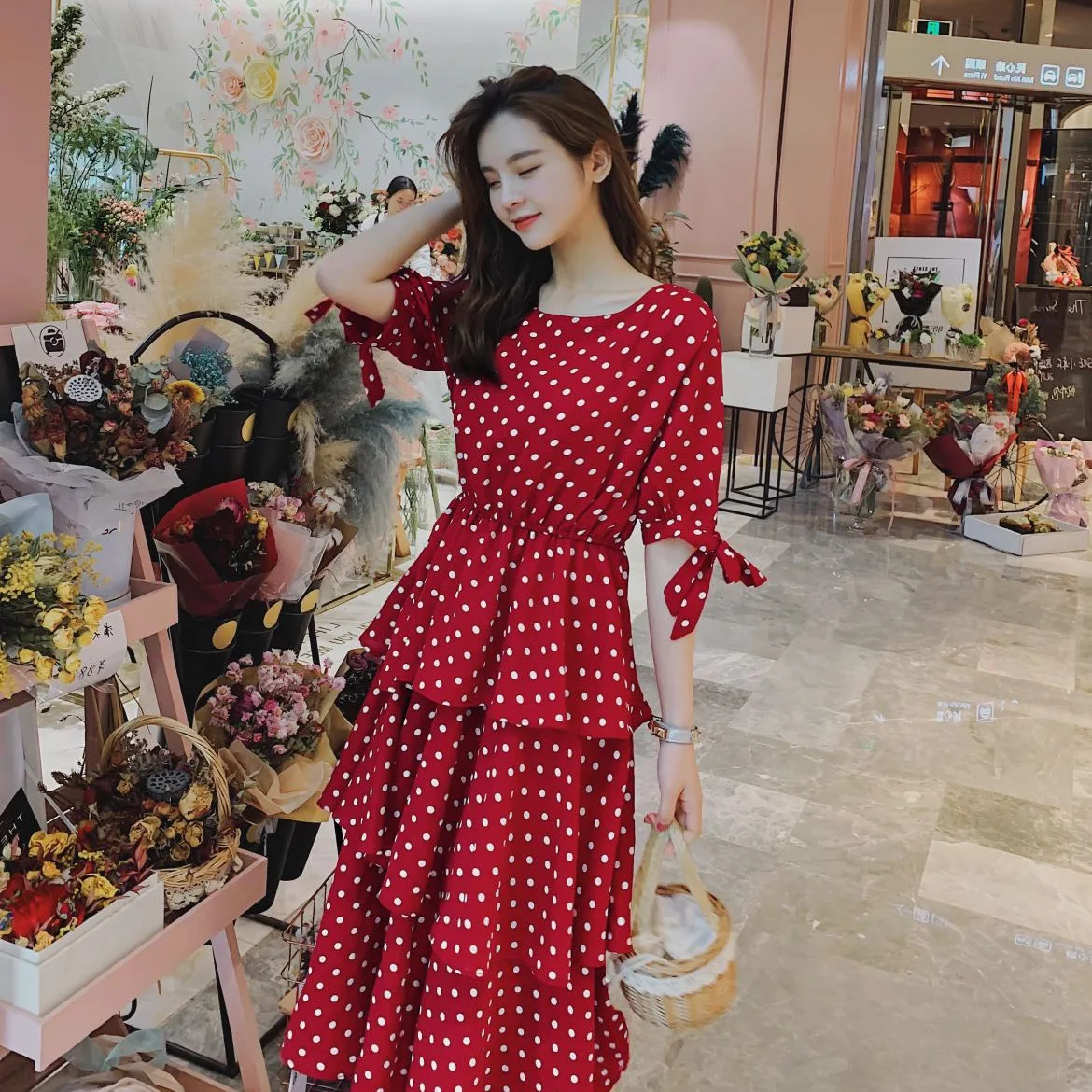 

Photo Shoot Princess Sleeve French Waist Hugging Cake Dress Women's Summer CHIC Vintage Red Color Polka Dot Mid-length Crew Neck