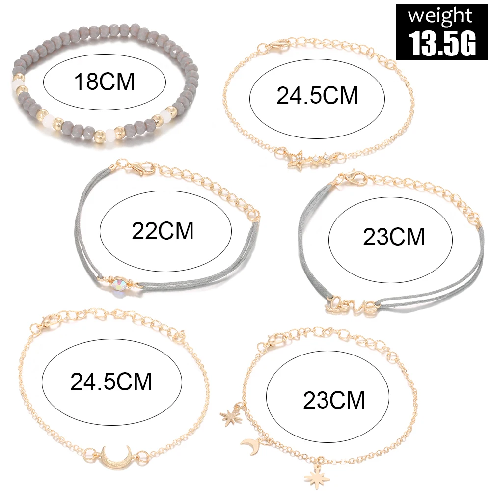 6 шт./партия богемные Звезды Луна талисманы золотой браслет серая веревка цепи Pulseiras любовные буквы подвески, стеклянные бусины ювелирные женские браслеты