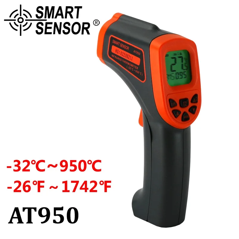 Цифровой инфракрасный термометр 950C 800C 700C Бесконтактный лазерный ИК температура пирометр в форме пистолета тест аквариума излучение регулируемый - Цвет: AT950 ( -32C-950C)