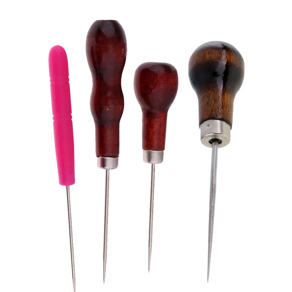 4X Plastic Wooden Handle Tailor's Awl Tool for Beading, Carving, Stitch Repair, Leather Work, Piercing Holes and Shoemaking