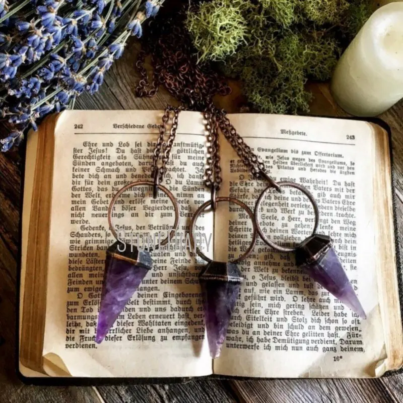 

NM35281 Large Crystal Amethyst Necklace Crystal Pendulum Purple Stone Necklace Amethyst Pendant Witch Necklace Gothic Jewelry