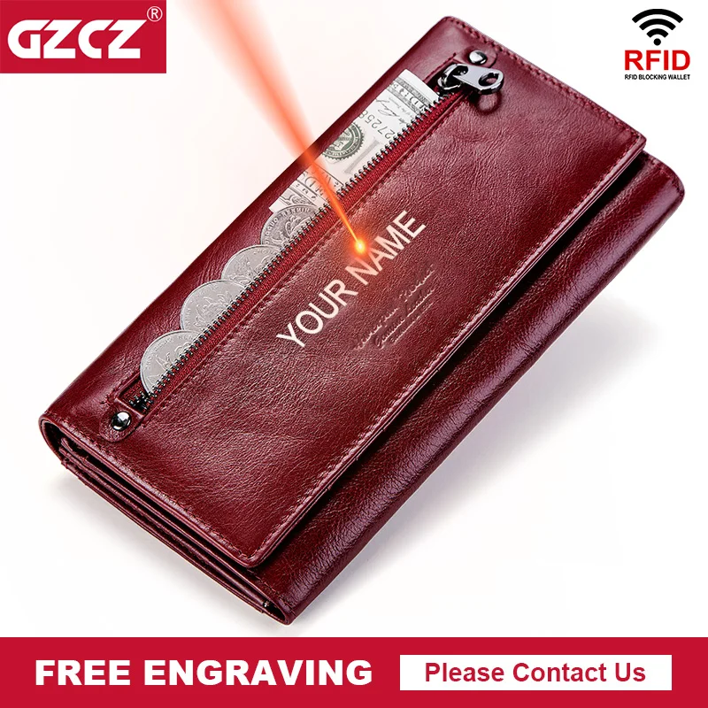 Women Clutch Wallets Coin-Purse Phone-Bag Multiple-Cards-Holder RFID GZCZ Female 100%Genuine-Leather