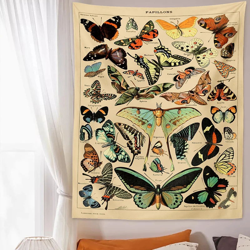 Tapestry Decorations Butterfly Illustration Chart Tapestry Vintage Aesthetic Colorful Wall Hanging