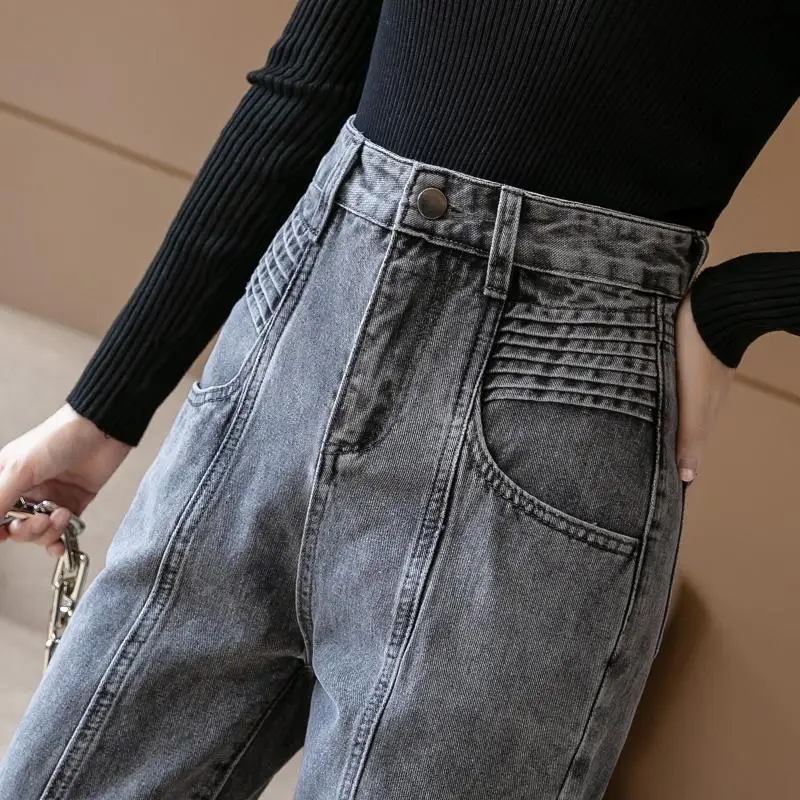 Women's Smoky Gray Jeans Loose Straight Leg 2020 Autumn New High-waisted Thinner and Tall Carrot Daddy Pants Mom Jeans winter plus velvet jeans women loose korean version of the straight leg was thin high waist thickened carrot harlan daddy pants
